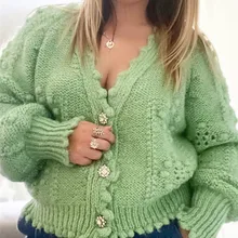 

Pure Green Cardigan Button Polka Dot Hollow Texture Knitted Sweater Coat Winter Fashion Ladies Cardigan Top Women's Clothing
