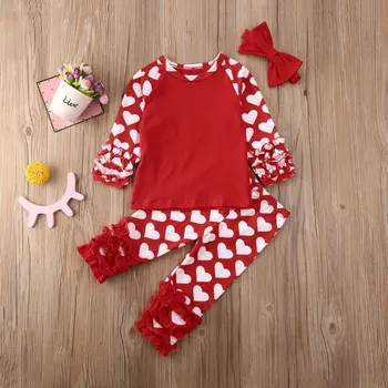 

Valentine's Day 3PCs Spring Long Sleeve Heart Red Ruffle Tops T-Shirt Pants Headband Toddler Infant Baby Girl Clothes Set