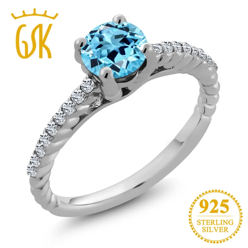 GemStoneKing 1,87 Ct Круглый синий топаз белый топаз 925 пробы Серебряное кольцо для женщин ювелирные украшения