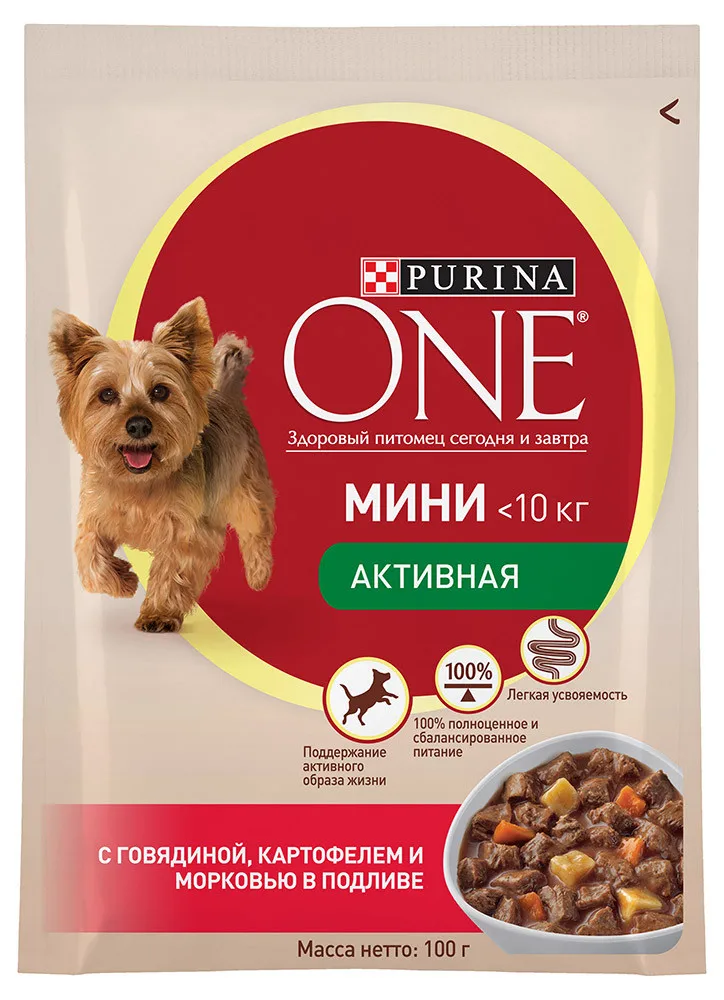 Влажный корм для собак мелких пород Purina ONE МИНИ Активная, с говядиной, картофелем и морковью в подливе, Пауч, 100 г(24 шт