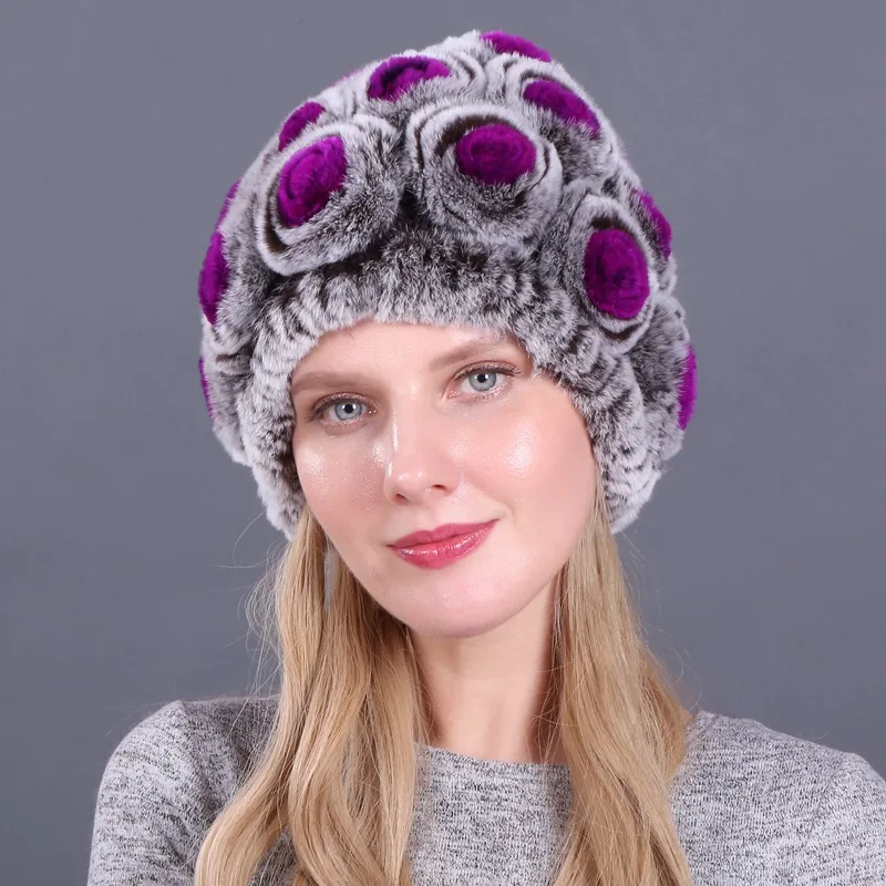Новинка, женская шапка Skullies, настоящий мех кролика, зимняя шапка с цветочным рисунком, шапка из кроличьего меха Рекс, шапка для девочек с цветами и кроличьим мехом s - Цвет: color32