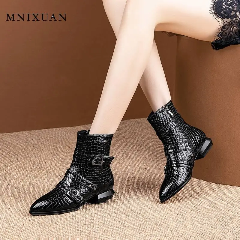 

MNIXUAN Handmade classics women shoes ankle boots 2020 spring new pointed toe snake print boot rivet western booties big size 40