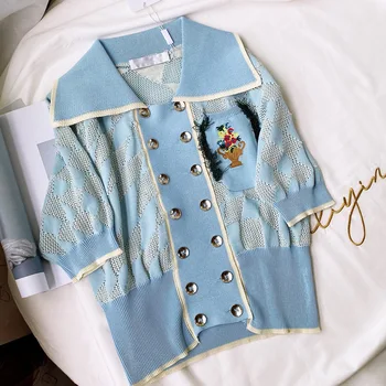 

New women s clothing collar bump color small hollow out sweater with short sleeves female embroidery short tassel cardigan