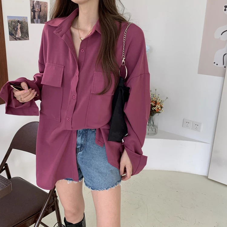 

2020 Autumn Korean slim pocket plain color long sleeve blouse chiffon single row multi-button shirt new