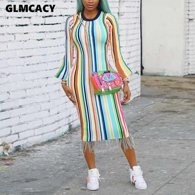 

Women Streetwear O-neck Striped Tassel Long Sleeve Skinny Dress Autumn Casual Slim High Waist Mid-calf Bodycon Dress