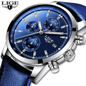 

2019 LIGE New Fashion Men Watches Analog Quartz Wristwatches 30M Waterproof Chronograph Sports Date Leather Watches Montre Homme