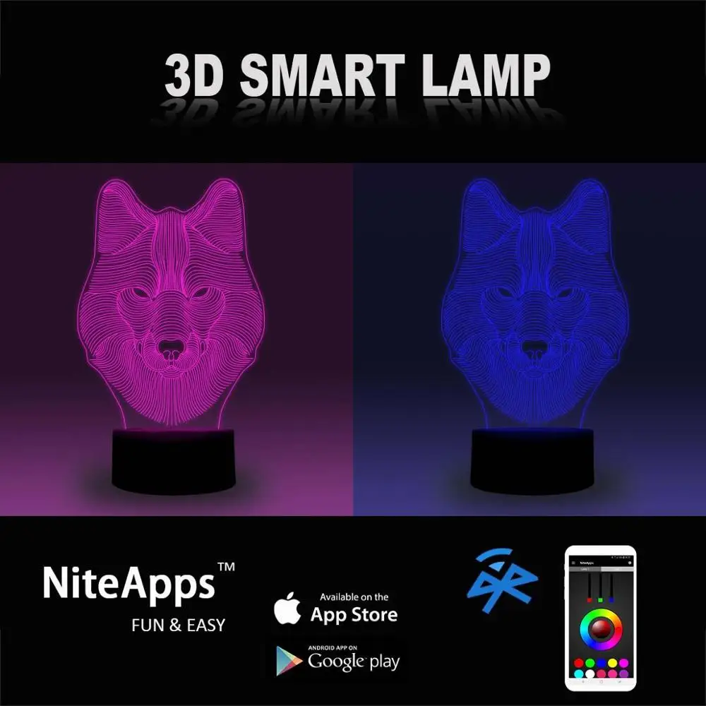 NiteApps 3D Волчья Голова светодиодный ночник настольная иллюзия Лампа подарок на день рождения приложение/сенсорное управление