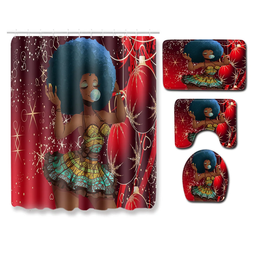 Christmas Shower Curtain For Bathroom Polyester Fabric Home Decor Curtain Non-slip Bath Mat Toilet Cover Kitchen Drop Shipping - Цвет: color4