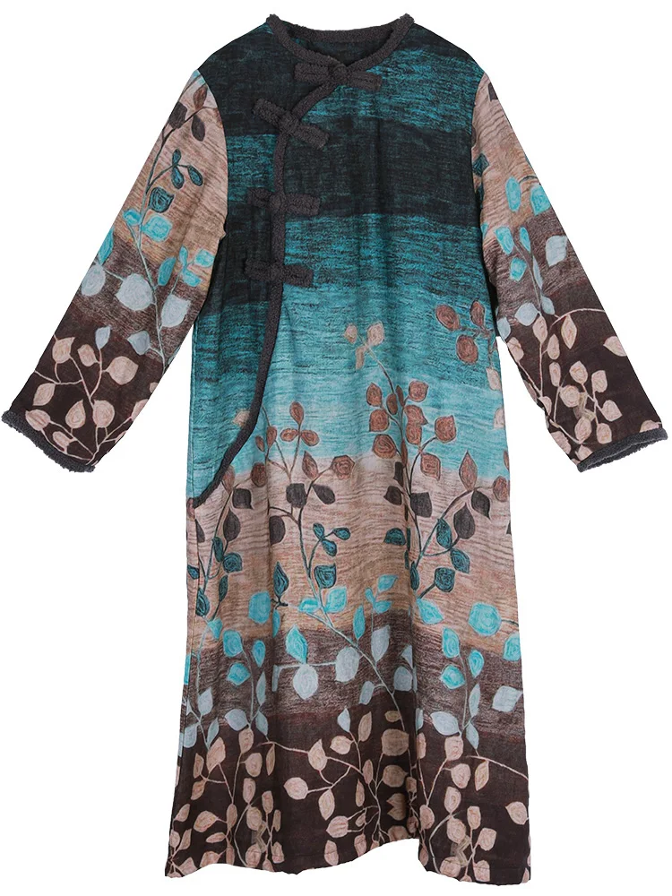 LZJN Women's Ethnic Winter Dress Vintage Chinese Style Soft Fleece Lined Warm Thicken Printed Maxi Coat Pullover with Pockets  (20)