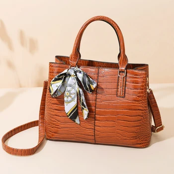 

Crocodile Pattern Tote Shoulder Bags for Women Scarf Decoration Leather Crossbody Messenger Bags Alligator Luxury Lady Handbags