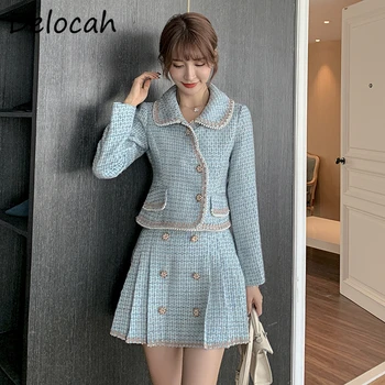 

Delocah Women Autumn Fashion Runway Skirt Set Long Sleeve Loose Short Tops + High Waist A-Line Skirts 2 Two Pieces Suits 2020