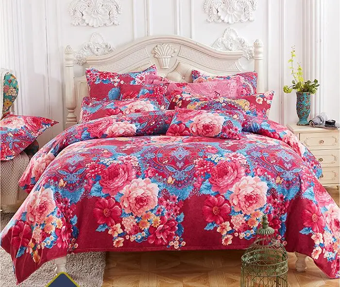 

4pcs Floral Cotton Bedding Set Includes Duvet Cover Flat Sheet Pillowcases Without Filler Brush Fabric With Eco Printing