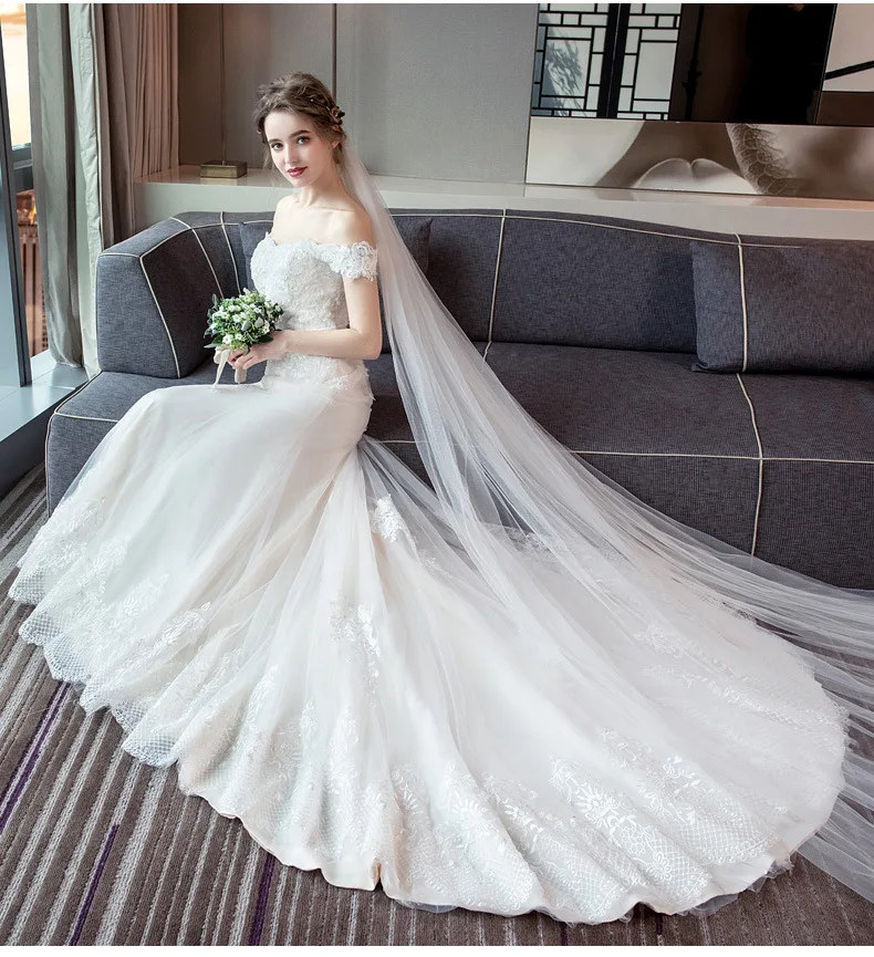 Robe de mariee легкий кремовый цвет кружева с аппликацией и юбкой-годе свадебное платье с плеча бисера Свадебные платья Abiti da sposa