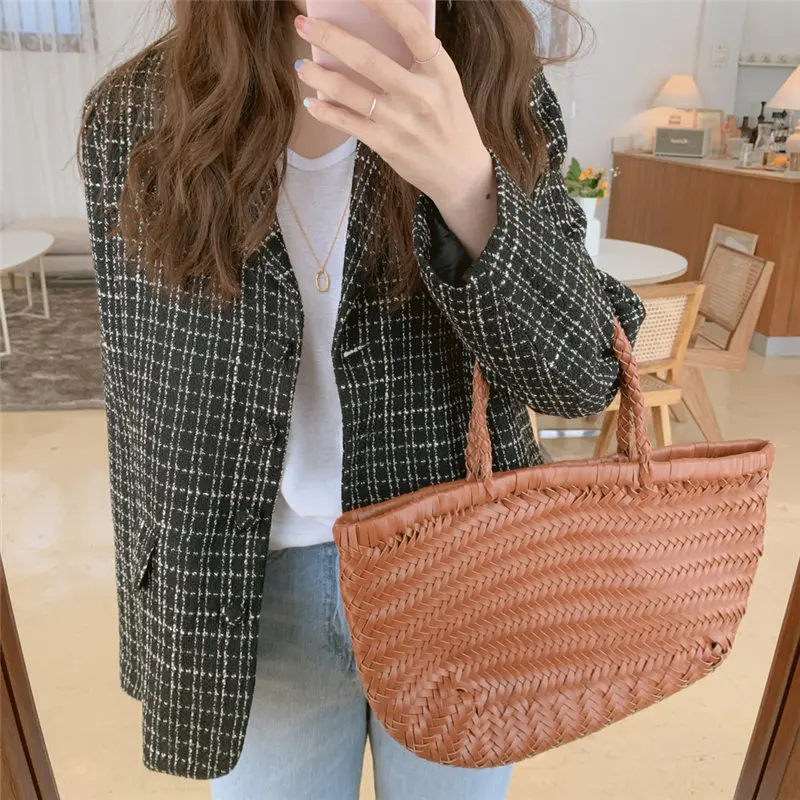 HziriP Autumn Chic Plaid Feminine Sweet Warm Women Woolen Elegant Loose Vintage Office Ladies All Match Coat Blazers