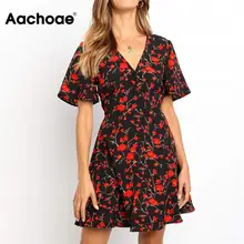 Летнее пляжное платье для женщин богемский с цветочным принтом, повседневное мини-платье, сексуальное с v-образным вырезом, с коротким рукавом, элегантное ТРАПЕЦИЕВИДНОЕ ПЛАТЬЕ