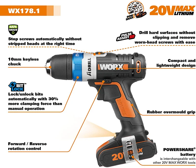 Worx 20V Powershare AiDrill-WX178 20V электрический шуруповерт