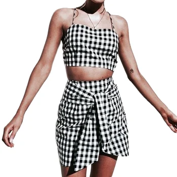 

Fashion Women checkerboard 2 Piece Set Bodycon Skirt Crop Top off shoulder Tank Summer Two Piece Set Women Mini Skirt Y4