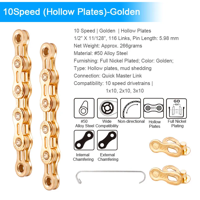 10S GD Half Hollow Deemount полностью никелированная 10 скоростная цепь велосипедная 116 звенья 10 S X10 MTB цепь для дорожного велосипеда усиленный мост Высокая контактная цепь питания - Цвет: 10S GD Half Hollow
