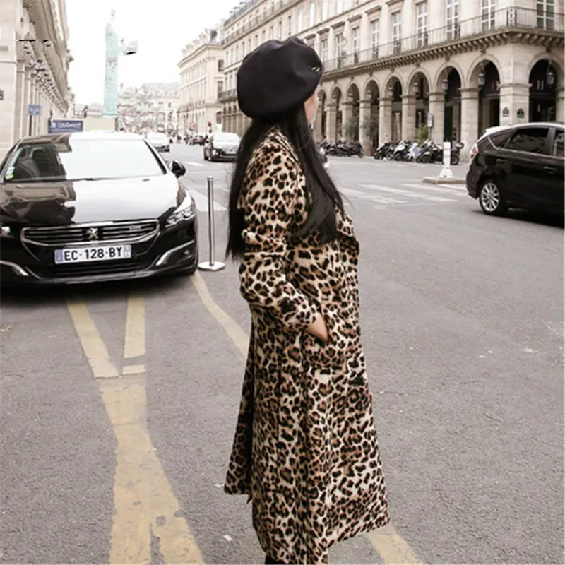 Новинка, длинный Тренч, женское повседневное пальто с длинным рукавом, женское модное пальто с поясом, модная теплая зимняя одежда, Леопардовый Тренч