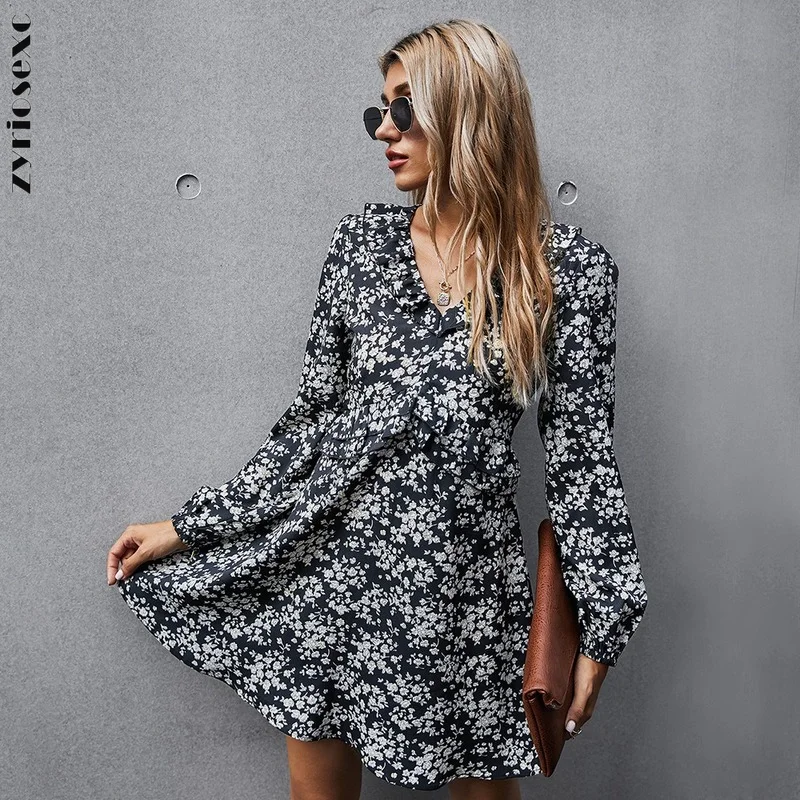 Женское мини-платье с цветочным принтом осень-весна | Женская одежда