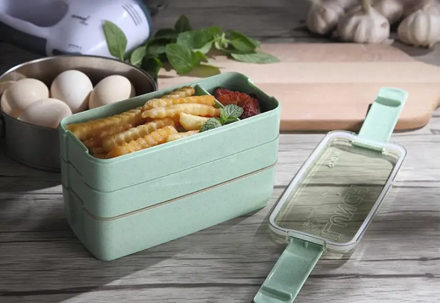 Green 900 мл здоровый материал Ланч-бокс 3 слоя пшеничной соломы Bento коробки микроволновая посуда контейнер для хранения продуктов Ланчбокс - Цвет: Green
