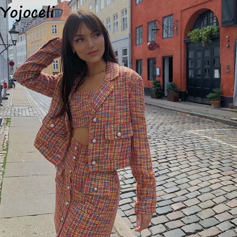 Yojoceli Pearl button autumn tweed skirt suit Winter casual cool elegant suit skirt women Cool fashion pockets skirt jacket