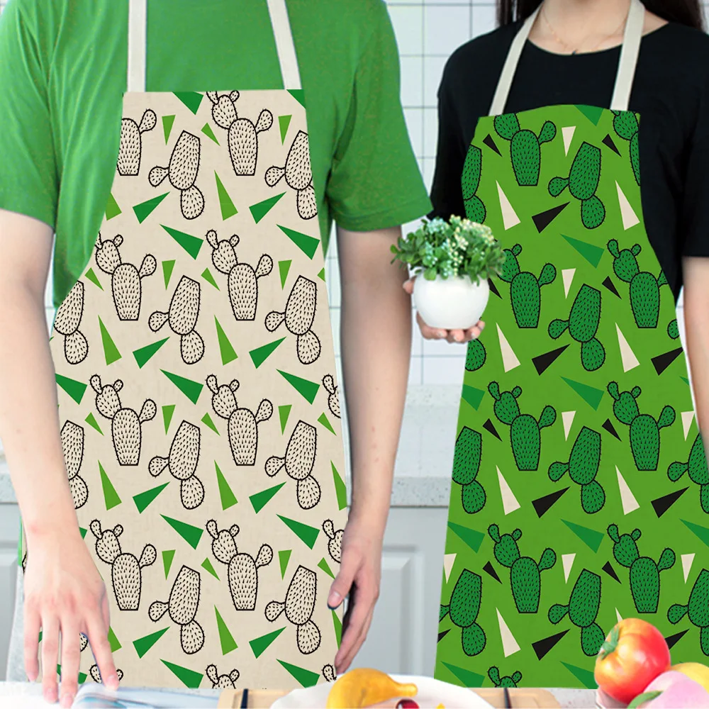 1 Pcs Cactus Pattern Kitchen Apron for Woman Sleeveless Cotton Linen Aprons Home Cooking Baking Bibs Cleaning Tools