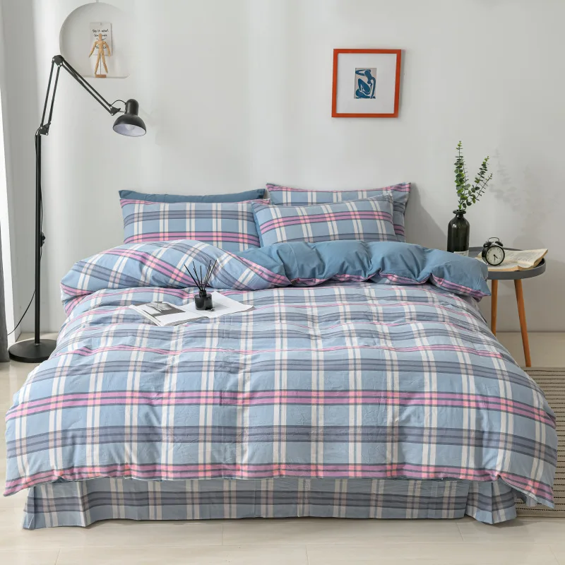 

2021 Pure Cotton Washed Sheet Duvet Cover Bedding Checkered Stripe Four Piece Set Bedding Kit Sheet Blanket Quilt Cover Set