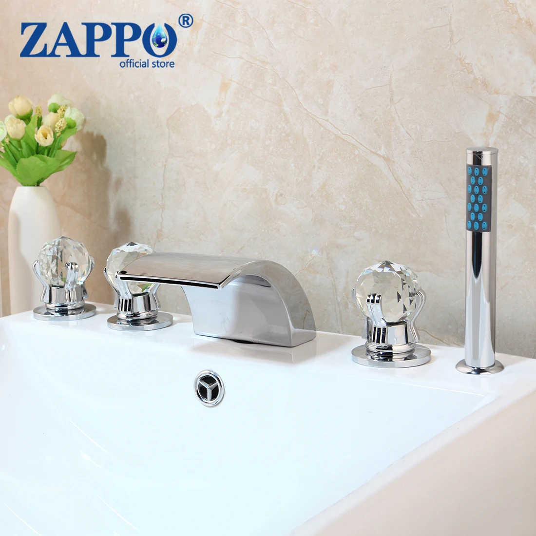 

ZAPPO LED Waterfall Spout 5 pcs Bathtub Faucet Chrome Finished Mixer Taps Para Bathroom Shower Faucets W/ Handshower