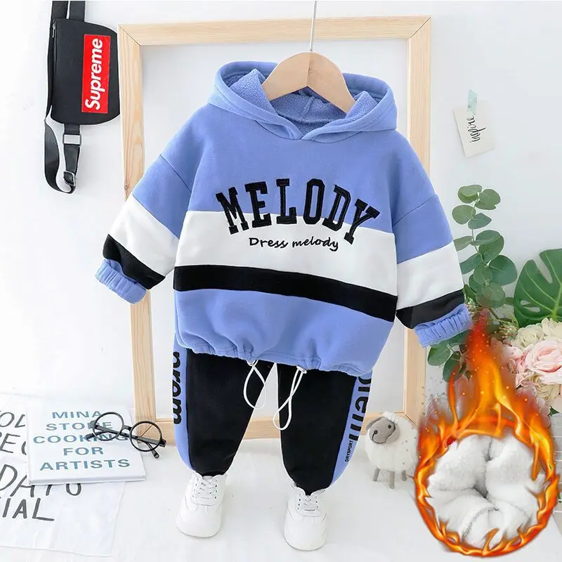 new baby autumn and winter clothing plus velvet thickening sportswear two-piece children's clothes children's clothing tide