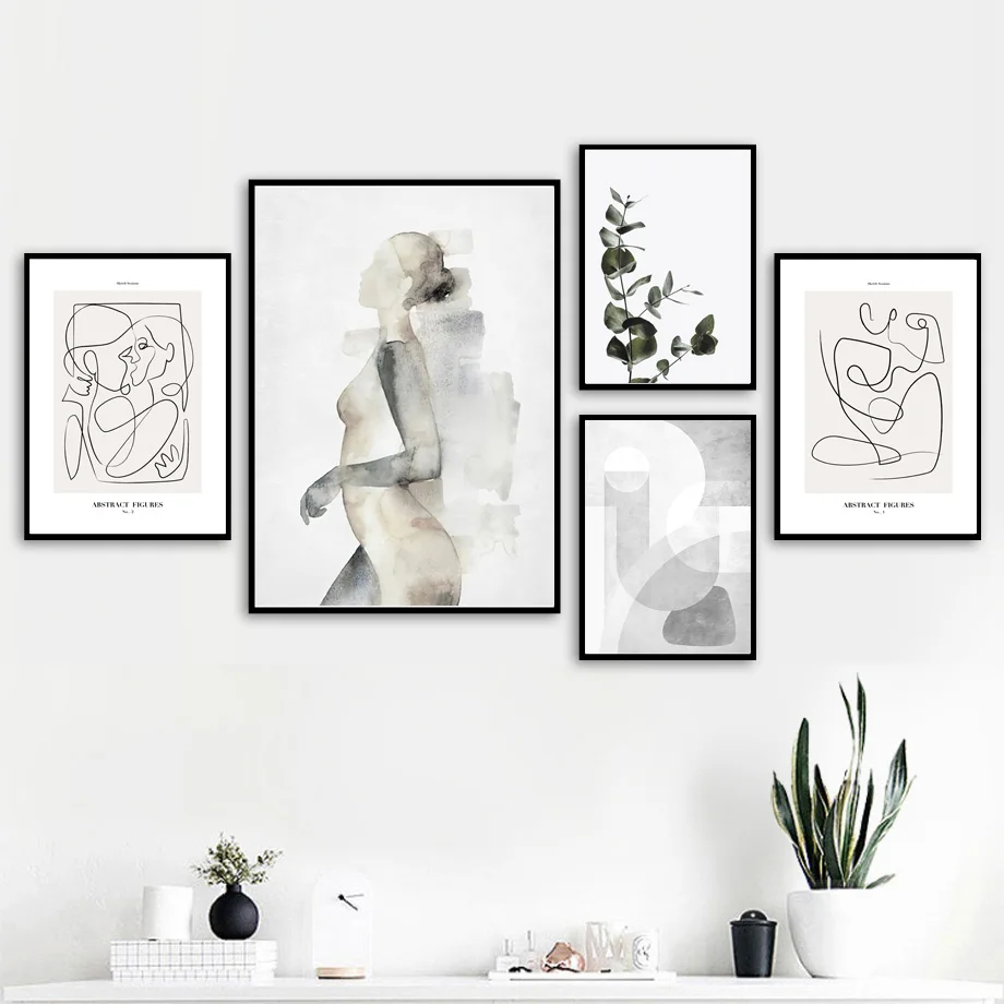 Abstract Line Love Kiss Girl Body Plant Leaves Wall Art Canvas Painting Posters And Prints Wall Pictures For Living Room Decor