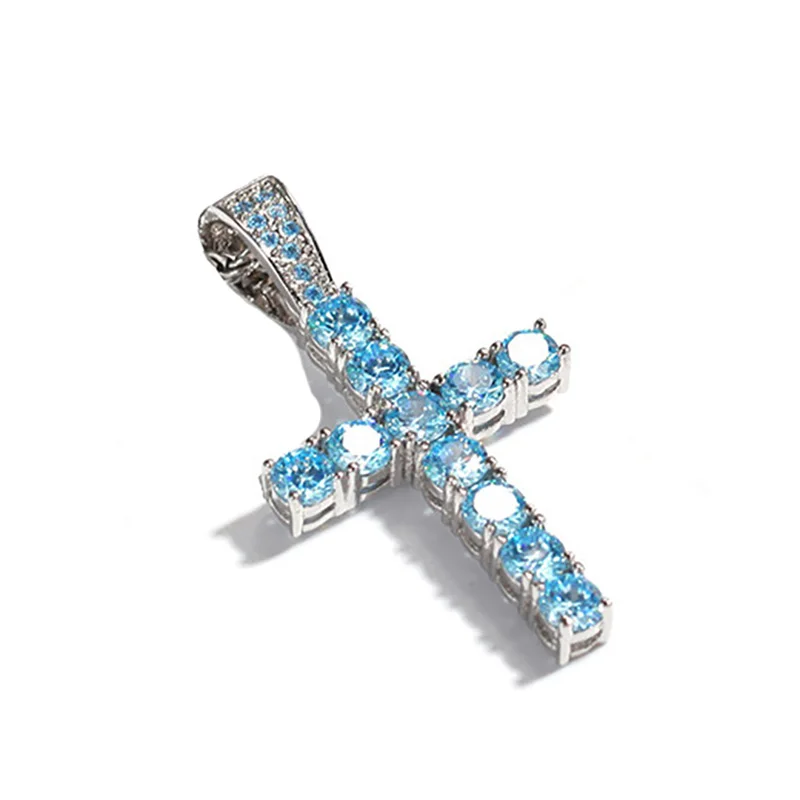 Iced out крест АНХ кулон розовый синий 2 цвета ААА подвеска с цирконием ожерелье мужские и женские хип хоп ювелирные изделия - Окраска металла: Silver blue