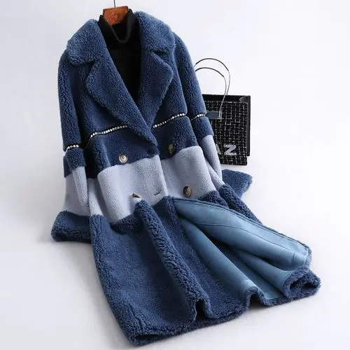 Dark Blue Пальто из натурального меха, осенне-зимнее пальто, женская одежда, корейская шерстяная куртка, стрижка овец, куртка из натурального меха, теплое пальто PC16 YY1844 - Цвет: Dark Blue