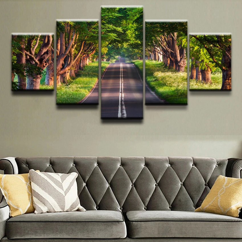 Printed Painting Children'S Room Decor Poster Wall Art Modular Framework 5 Panel Grass Road Scenery Tree Pictures Canvas | Дом и сад
