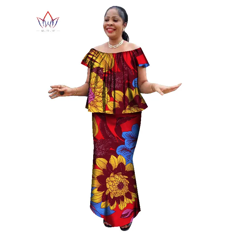 Летняя женская одежда в африканском стиле размера плюс, комплект с юбкой и круглым вырезом, традиционная африканская одежда с коротким рукавом, платье для работы, натуральный WY1357 - Цвет: 22