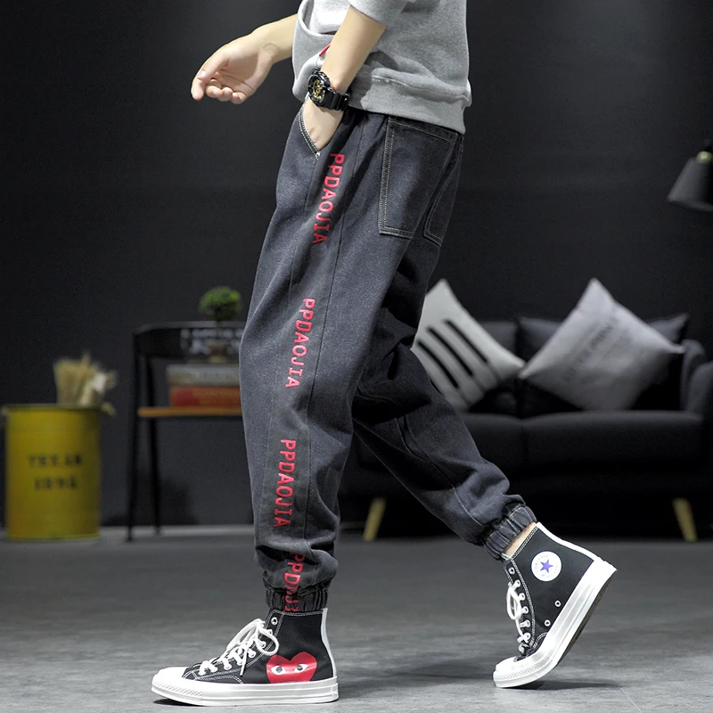 RLJT.JIN Trend direction new Japanese patchwork baggy jeans mens Jogger printed simple casual pants male High street style - Цвет: Black