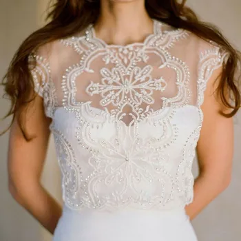 

Luxury Cap Sleeve Wedding Bolero Sleeveless Jacket Lace Bridal Accessories Pearls Crystal Beaded Custom Bride Jackets