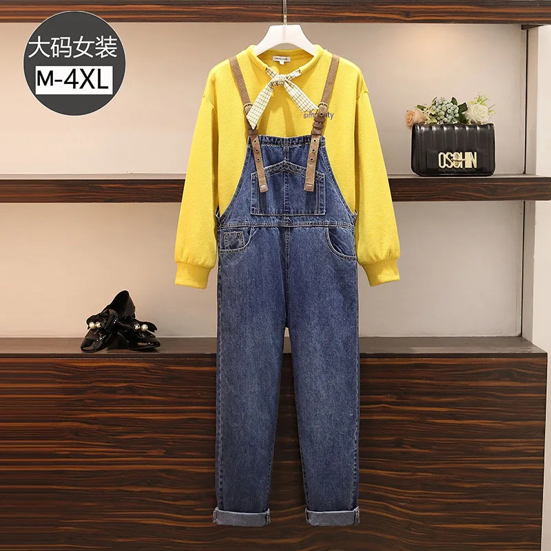 

2019 Autumn And Winter New Style Ozhouzhan Large Size Dress of LED Hoodie Cowboy Suspender Pants Large GIRL'S Two-Piece Women's