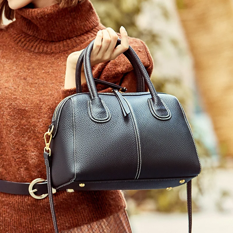 

European And American-Style Boston Leather Bag Pillow Bag Hand Bag Cotton Flax First Layer of Leather Embossed Shoulder Bag 1222
