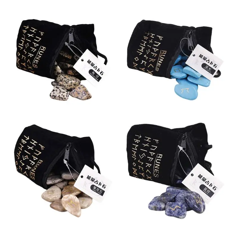 

25Pcs/set Natural Carved Crystal Rune Stones Reiki Healing Therapy Piedra Engraved Runas Fate Divination Energy Stone
