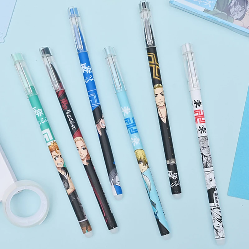 6Pcs/Set Anime Tokyo Revengers Sano Manjirou Cute Black ink Blue ink  Neutral Erasable Pen Kawaii Gel Pen kids stationery gift