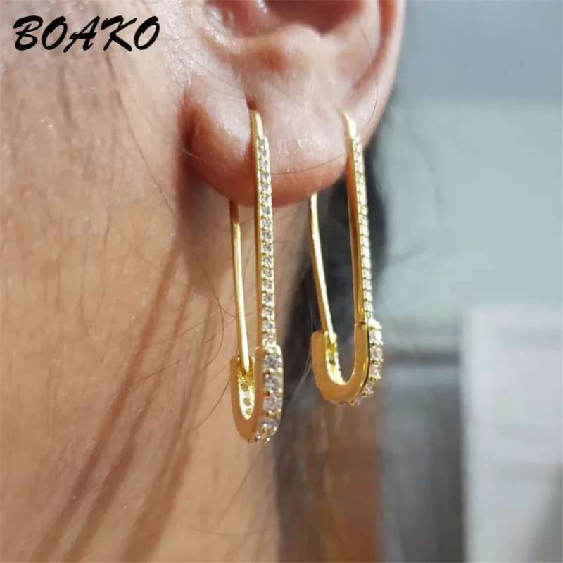BOAKO, уникальный зажим для бумаги, безопасная булавка, серьги-гвоздики для женщин, хип-хоп, рок, панк, циркон, CZ серьги с камнем, модные ювелирные изделия, женские подарки