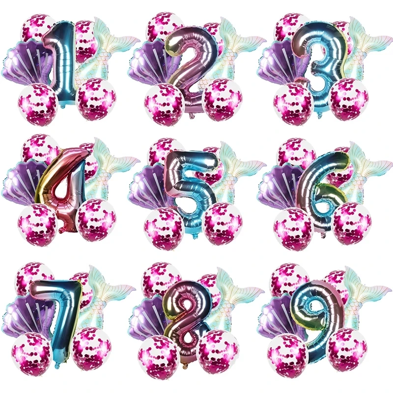 Little Mermaid Birthday Party Balloon Decoration Number 1 2 3 4 5 6 7 8 9 Years Kids Under The Sea Baby Shower Supplies | Дом и сад