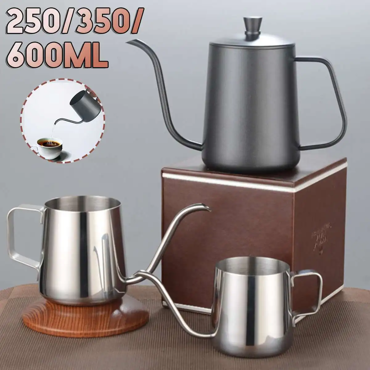 250/350/600ml Stainless Steel Hand Punch Pot Coffee Pots With Lid Drip