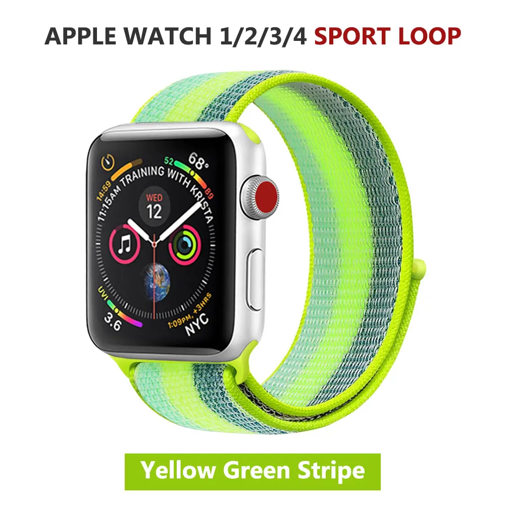 Спортивная петля нейлоновый ремешок для Apple Watch серии 5 40 мм 44 мм серия 4, браслет ремень нейлоновый тканый наручный ремешок для iWatch 38 42 - Цвет ремешка: Yellow Green Stripe