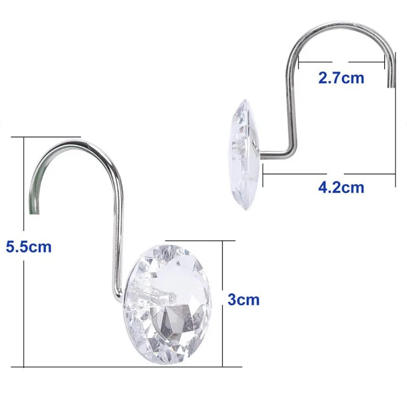 12PCS/Set Household Acrylic Curtain Hook Bathroom Shower Curtain Metal Hooks Diamond Shape Bathroom Accessories Supplies