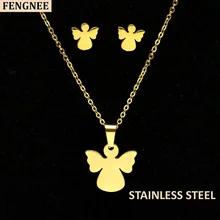 Fengnee Роскошные Ювелирные наборы из нержавеющей стали для женщин Любовь золотой кулон Ангел ожерелье наборы