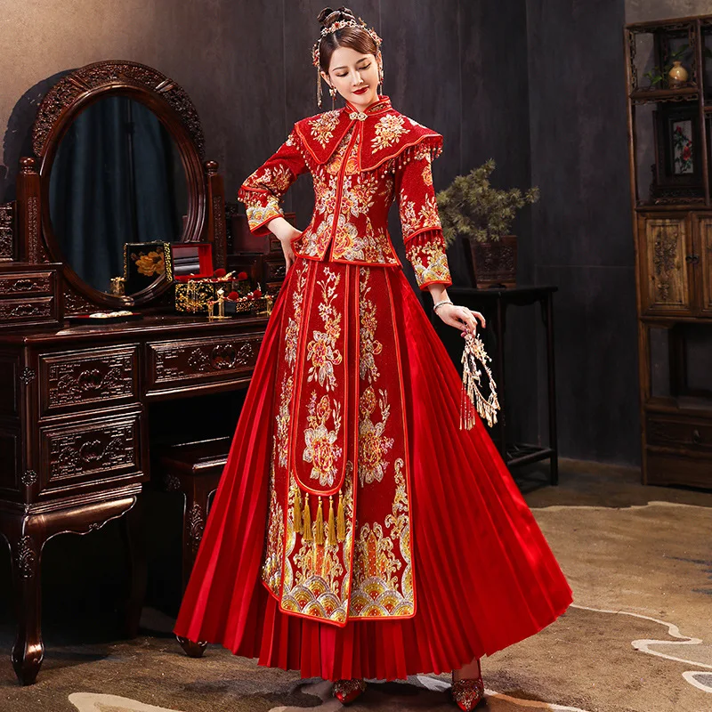 Modern Improved Chinese Traditional Couple Wedding Dress Embroidery Long Cheongsam Stylish Elegant Bride китайская одежда