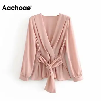 

Solid V Neck Women Blouse Stylish Ladies Shirt With Belt Elegant Pleated Tunic Tops Sweet Sashes Elastic Waist Office Shirt