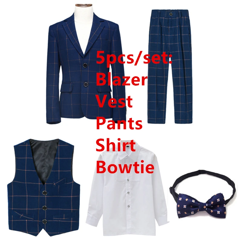 navy plaid 5pcs От 3 до 16 лет, детские клетчатые костюмы для мальчиков, высокое качество, формальный свадебный смокинг, платье, Блейзер, жилет, брюки, костюм, наряды, комплект одежды для подростков - Цвет: navy plaid 5pcs